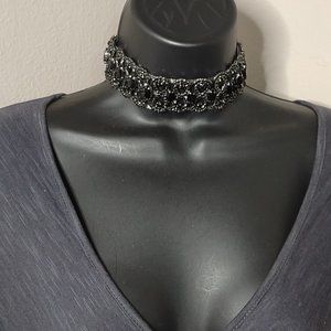 Black Plastic And Dark Silver Tone Metal Choker Necklace